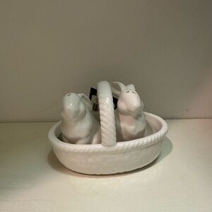 White Ceramic Bunny Salt and Pepper Shakers in Basket